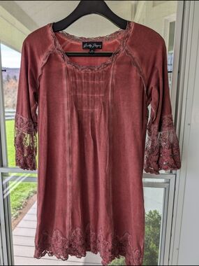 Gretty Zueger Muave Peruvian Cotton Velveteen Lace Tunic Dress - Excellent Cond